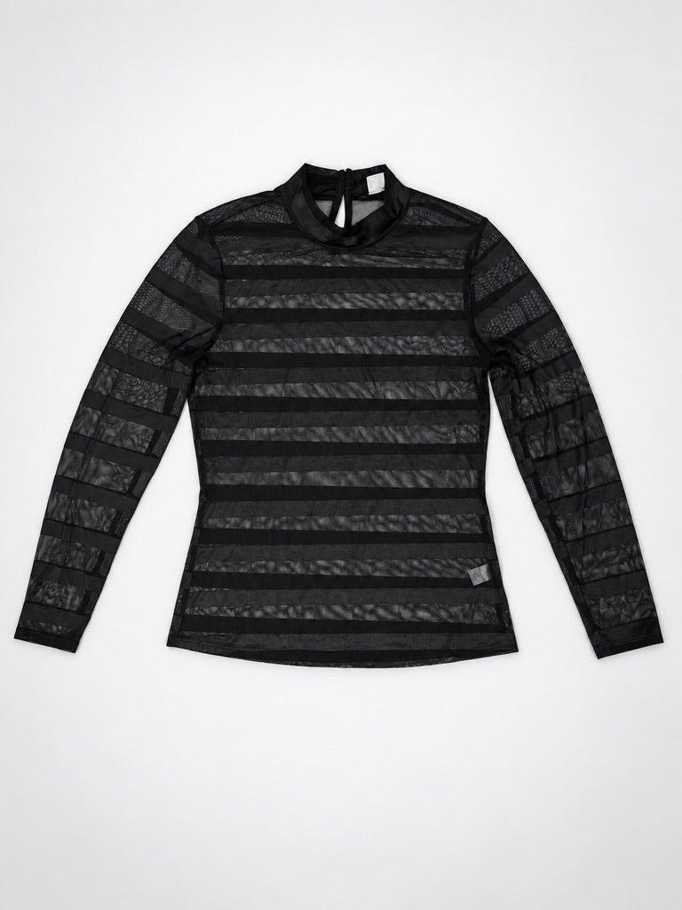 VENUS black sheer striped mesh mock-neck top laid flat front view