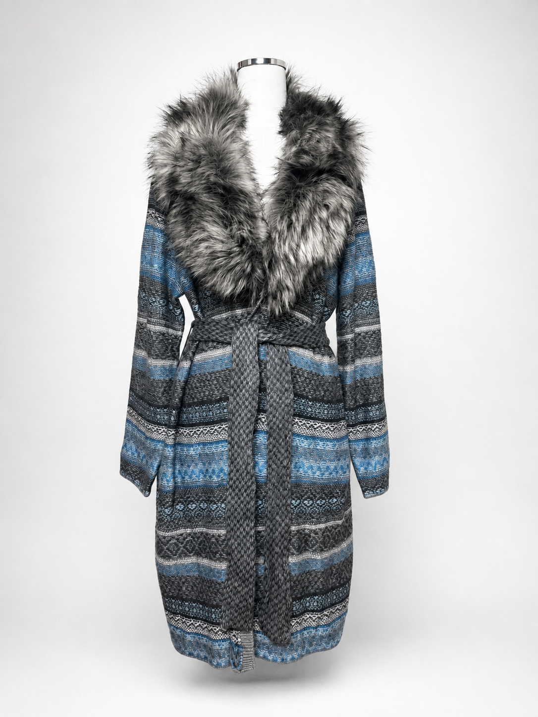 Chico's Blue Fair Isle Faux Fur Belted Sweater Coat Size 3 NWT