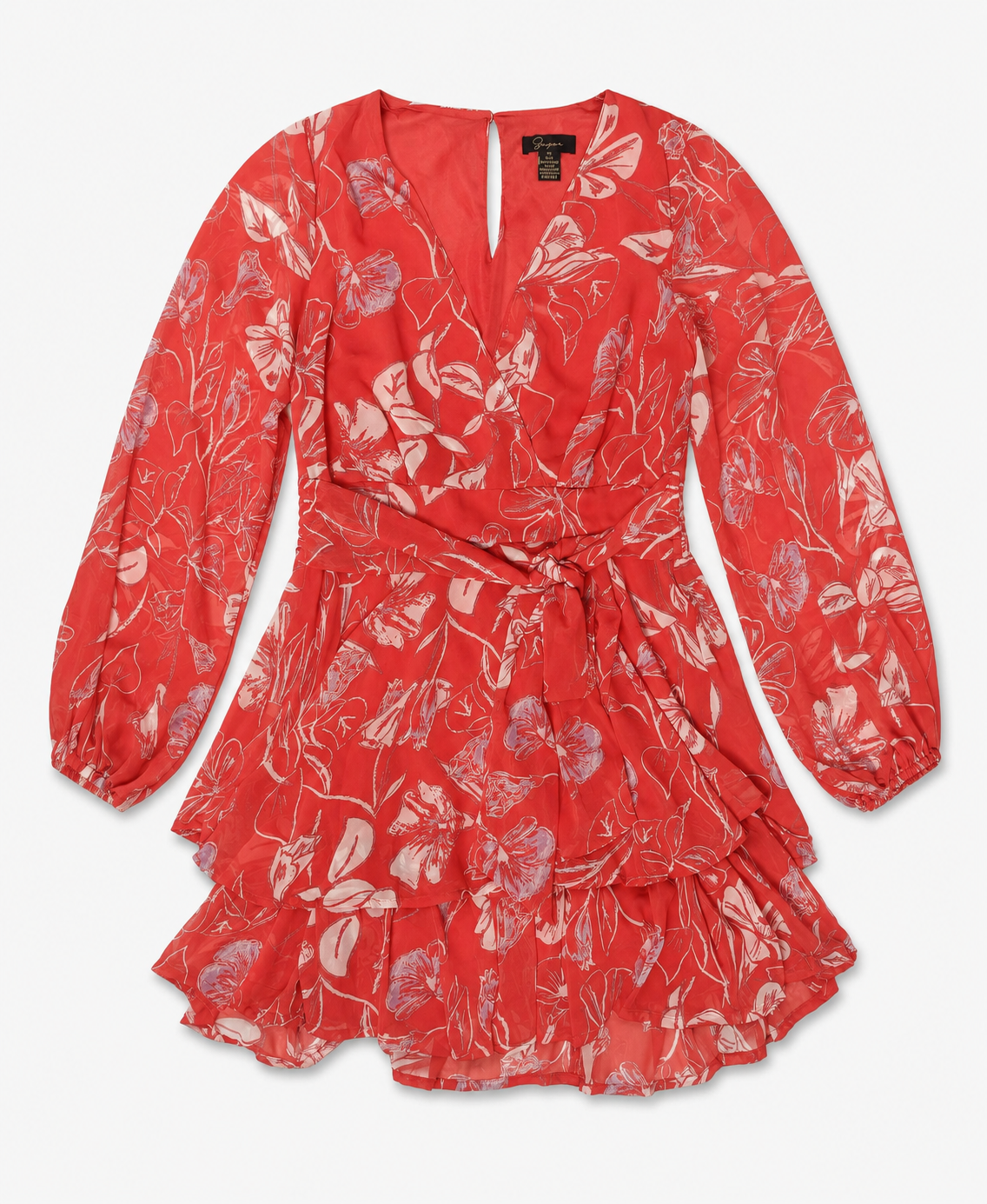 Women's JAPNA Red Floral Ruffle Wrap-Style Mini Dress – Medium