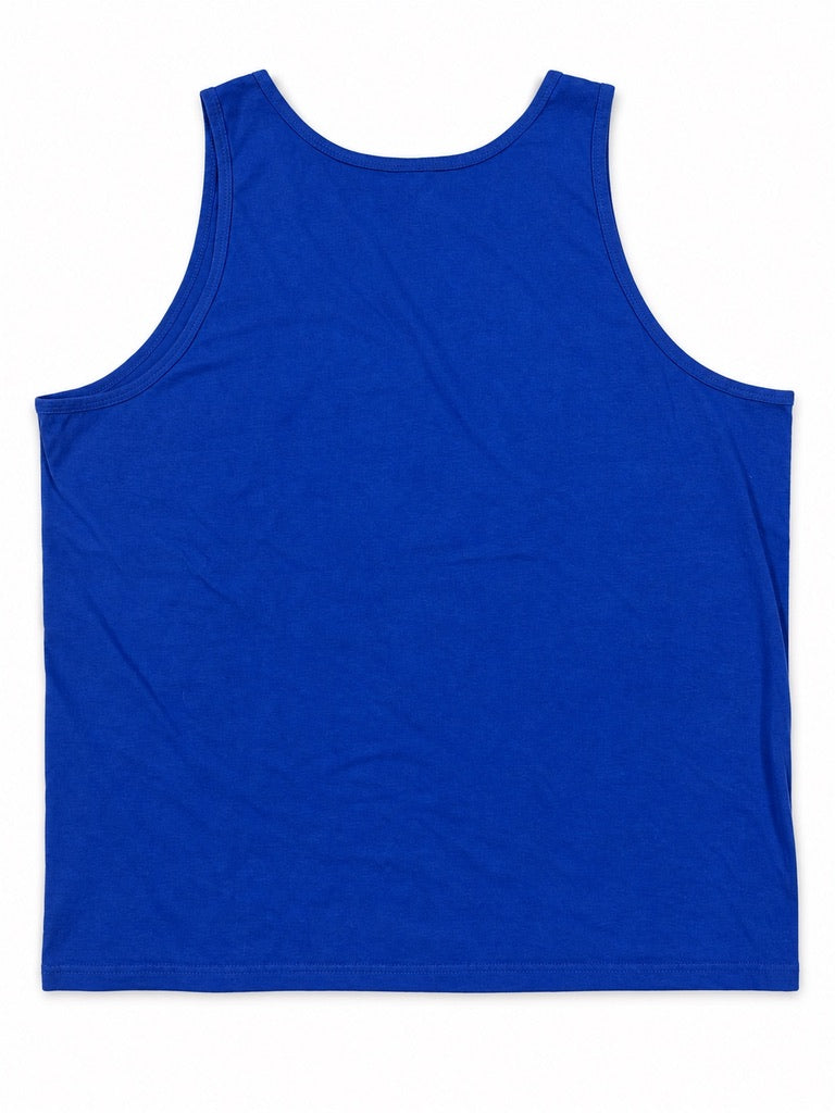 Back view of royal-blue men's Ramones tank top with plain blue back and scoop neck