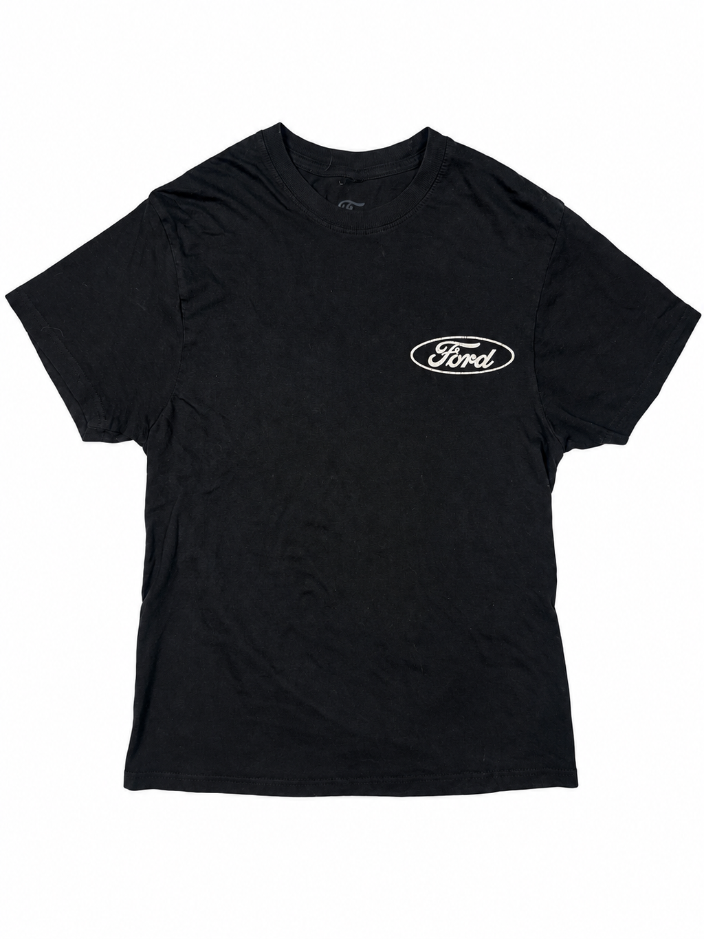 Front view of black Ford women's T-shirt with white oval chest logo
