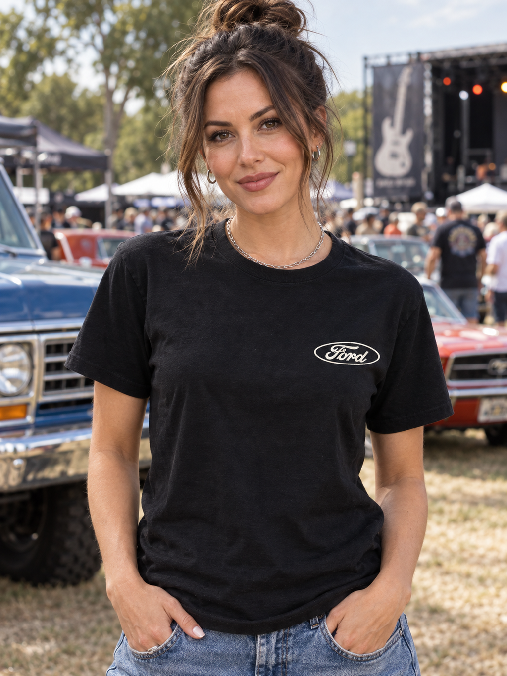 AI-generated styling view of a model wearing a black Ford '78 Bronco graphic T-shirt