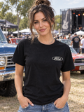 AI-generated styling view of a model wearing a black Ford '78 Bronco graphic T-shirt