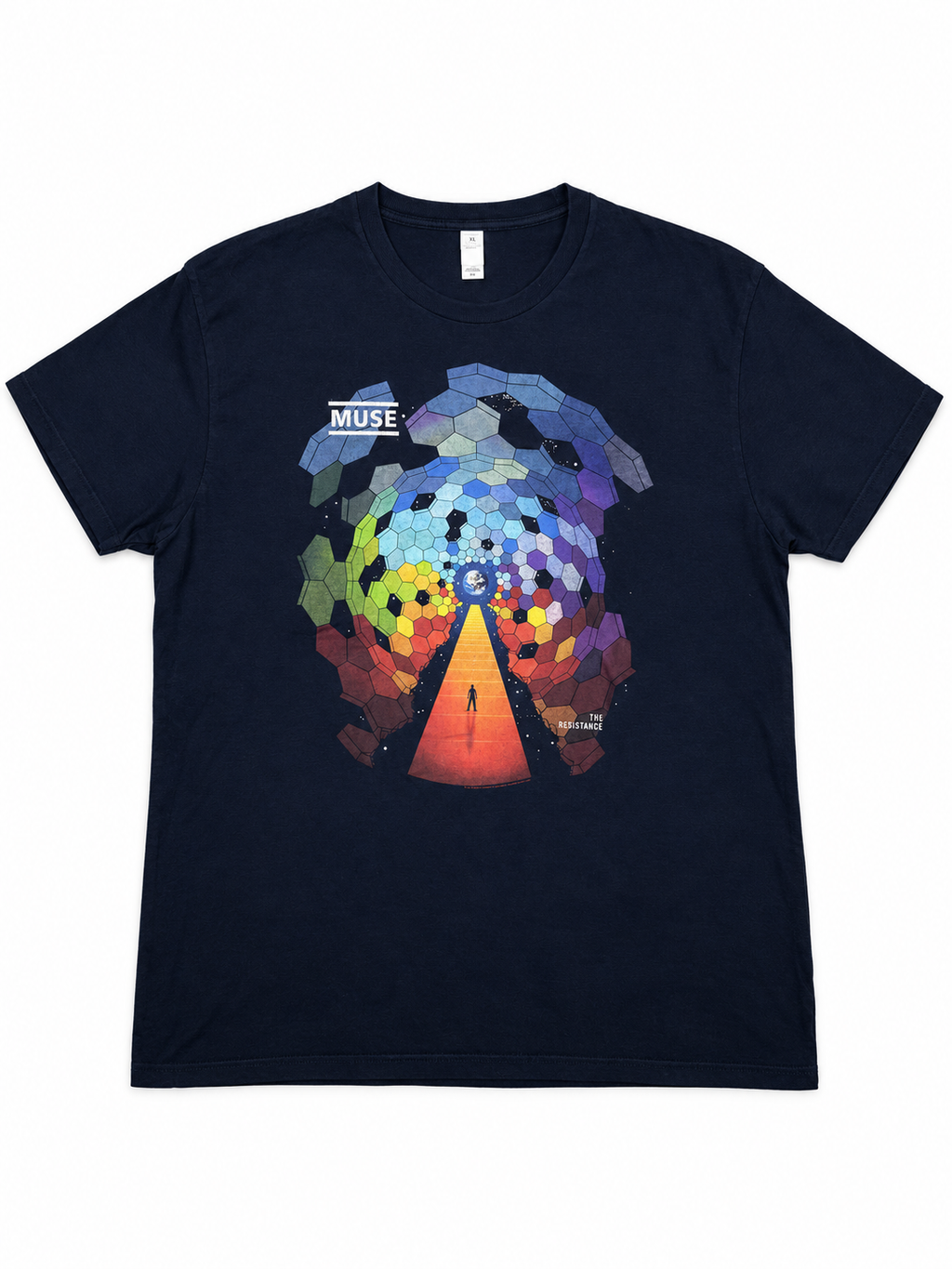 Front of men's XL navy Muse The Resistance T-shirt with multicolor hexagon artwork and an orange pathway