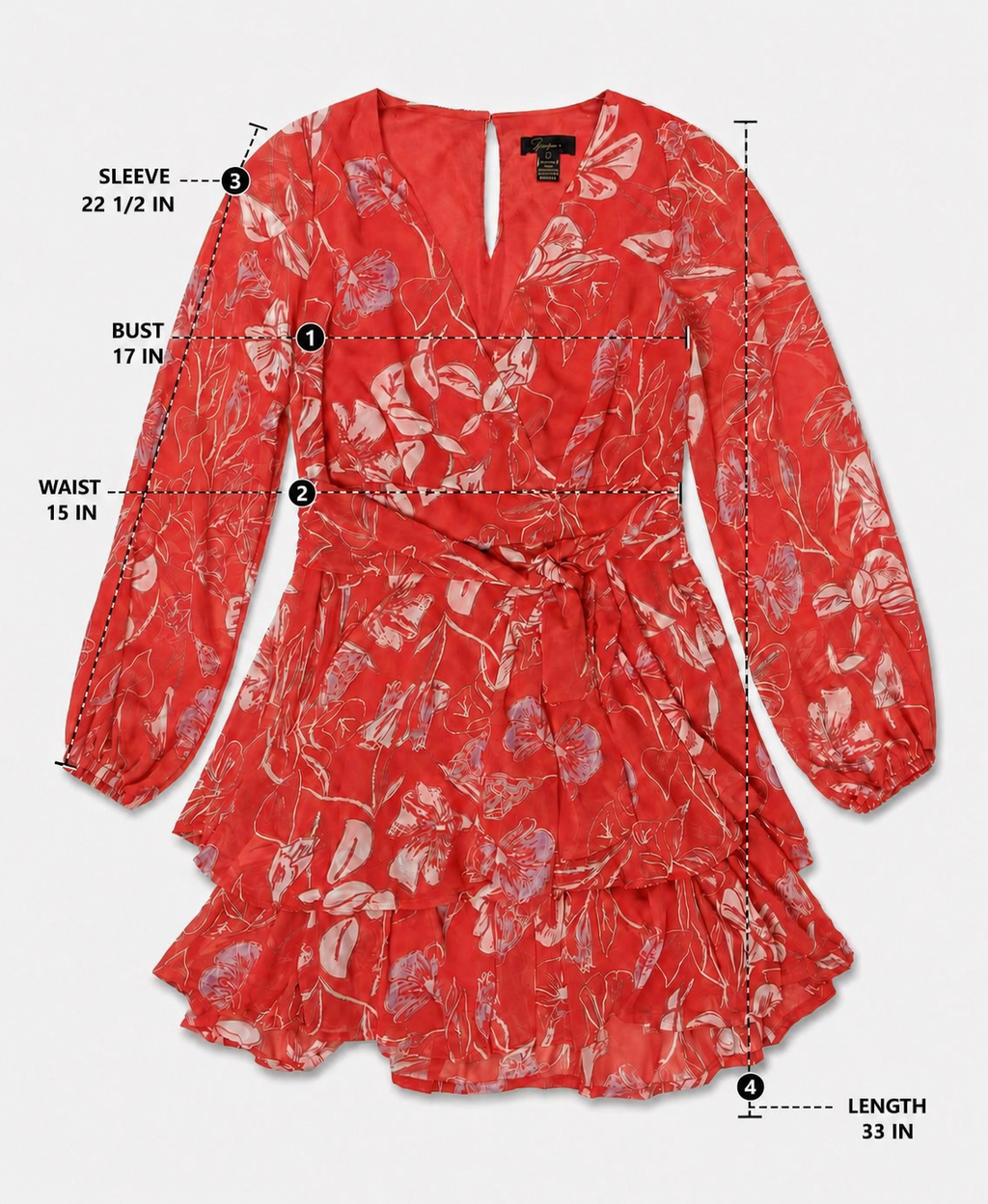 Women's JAPNA Red Floral Ruffle Wrap-Style Mini Dress – Medium
