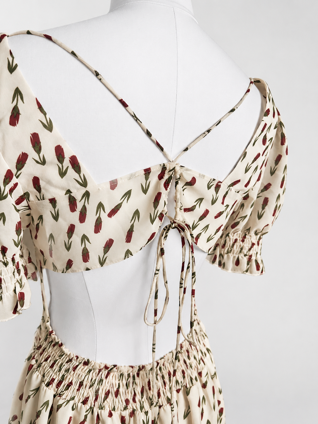 Women's BGIYNS Ivory Red Floral Off-Shoulder Puff-Sleeve Open-Back Dress
