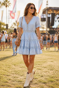 fab'rik sky blue crochet lace tiered mini dress size small front view
