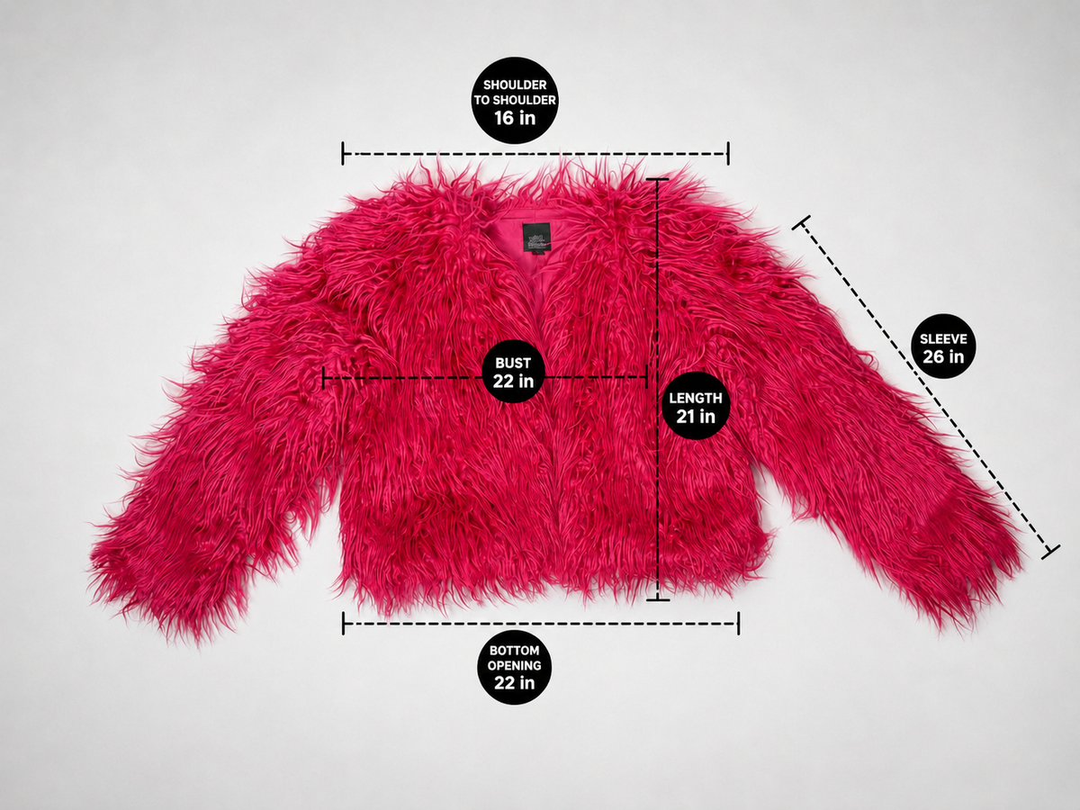 Wild Fable hot pink faux fur jacket flat lay with measurements: 16 inch shoulder, 22 inch bust, 21 inch length, 26 inch sleeve