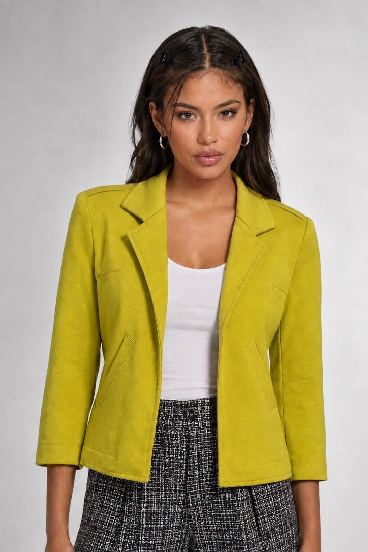 Kasper Chartreuse Green Open-Front 3/4 Sleeve Knit Blazer Small