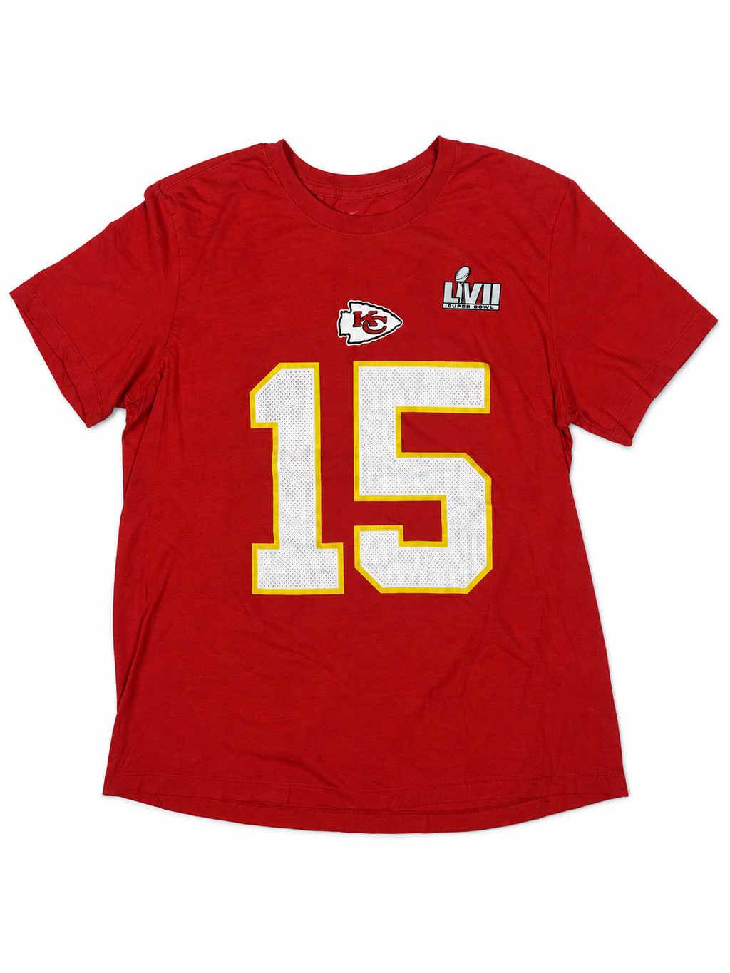 Front view of red Nike Chiefs T-shirt with Super Bowl LVII emblem and white-and-yellow Mahomes 15 graphics