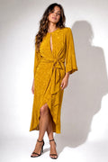 Topshop mustard yellow floral jacquard midi dress women's size 8 model front view