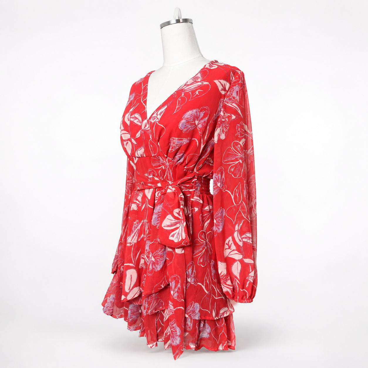 Women's JAPNA Red Floral Ruffle Wrap-Style Mini Dress – Medium