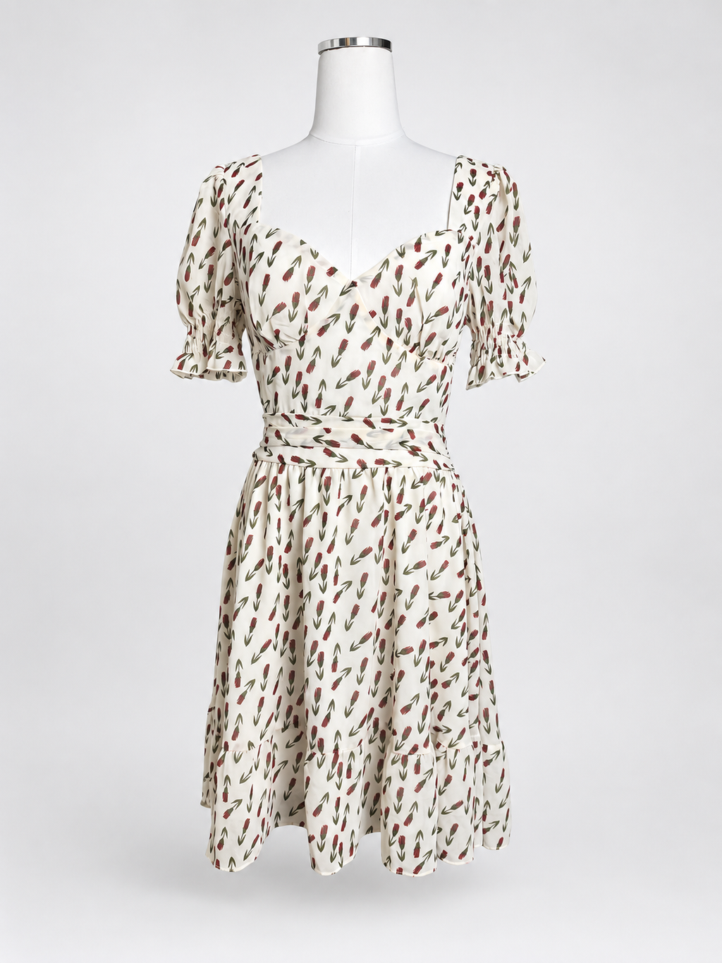 Women's BGIYNS Ivory Red Floral Off-Shoulder Puff-Sleeve Open-Back Dress