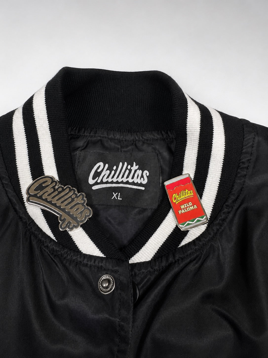Chillitas Black Satin Patch Bomber Jacket Unisex Size XL New Without Tags