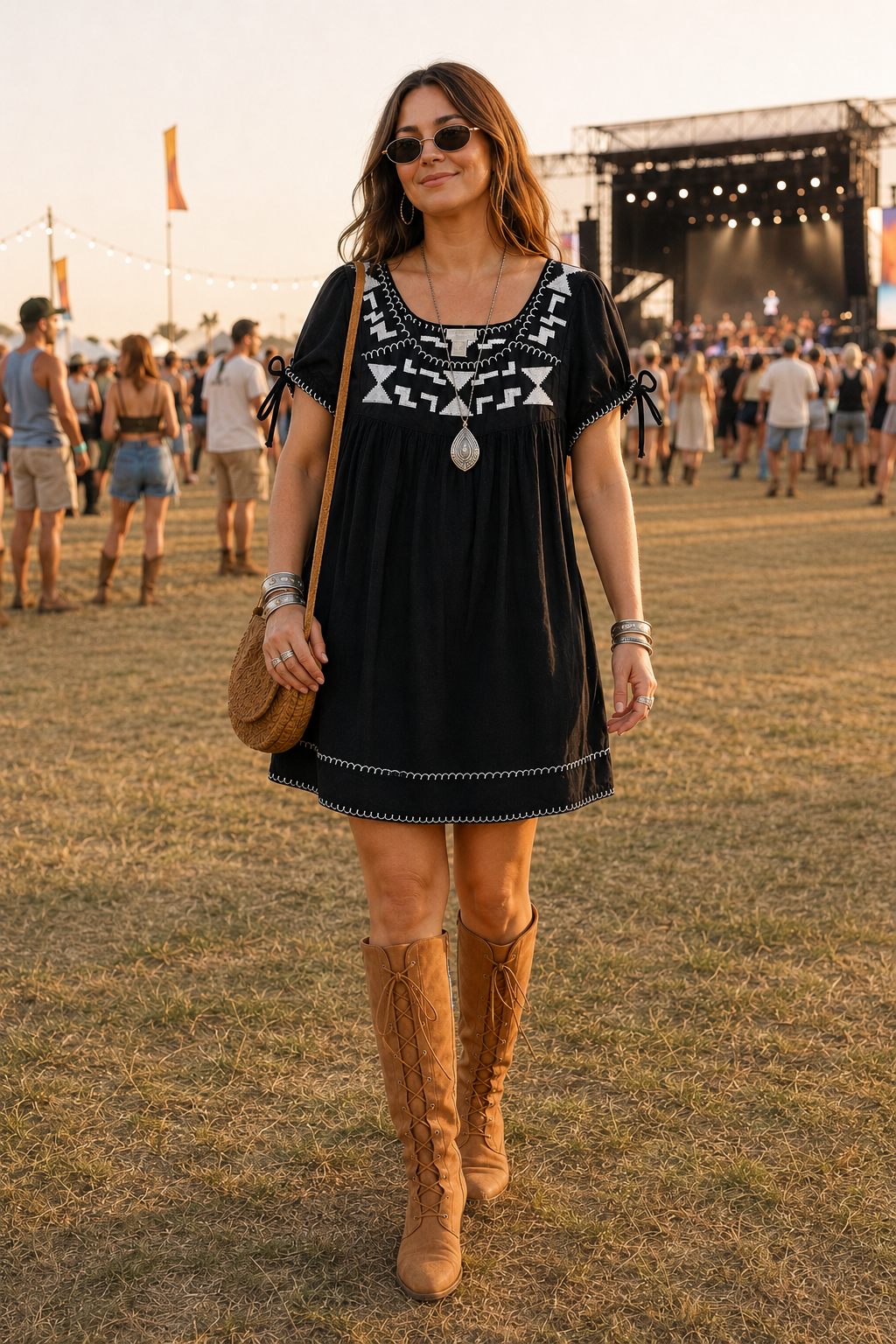 Model wearing World Market black embroidered boho babydoll dress