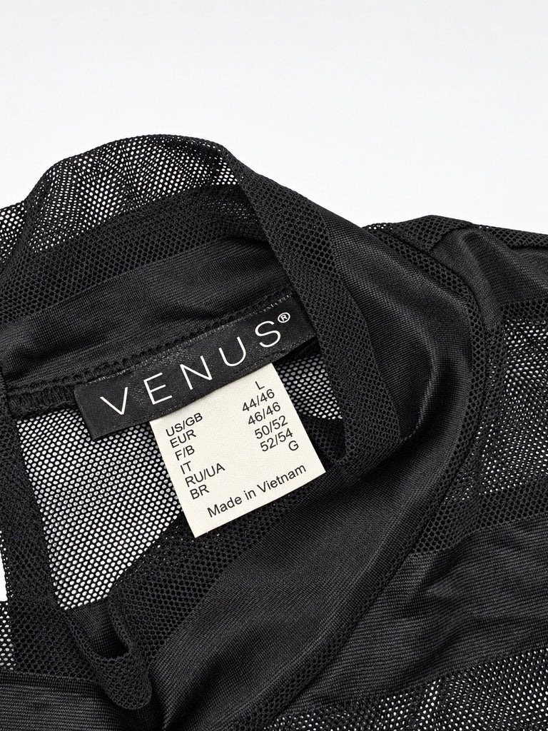 VENUS black sheer striped mesh mock-neck top size Large label close-up