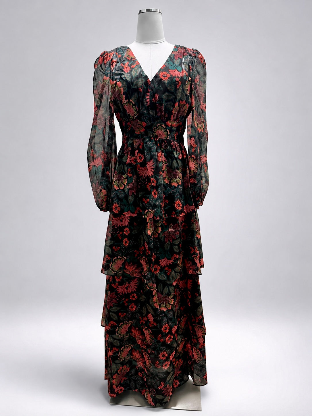 Sugarlips Briala Black Teal Red Floral Organza Maxi Dress Women's Medium