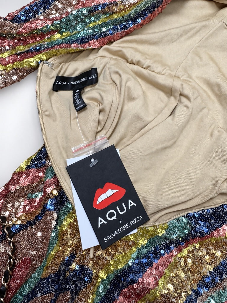 AQUA x Salvatore Rizza multicolor sequin dress brand label and hangtag