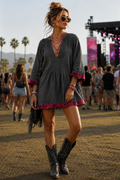 Women's VELZERA Charcoal Boho Pintuck Tunic with Colorful Embroidered Trim – Small
