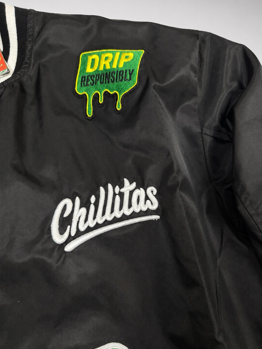 Chillitas Black Satin Patch Bomber Jacket Unisex Size XL New Without Tags