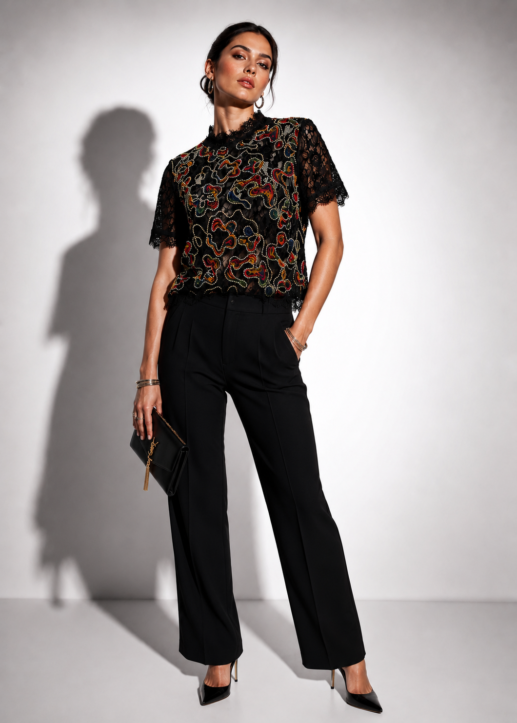Zara Trafaluc black sheer lace embroidered top with multicolor floral detail, size large