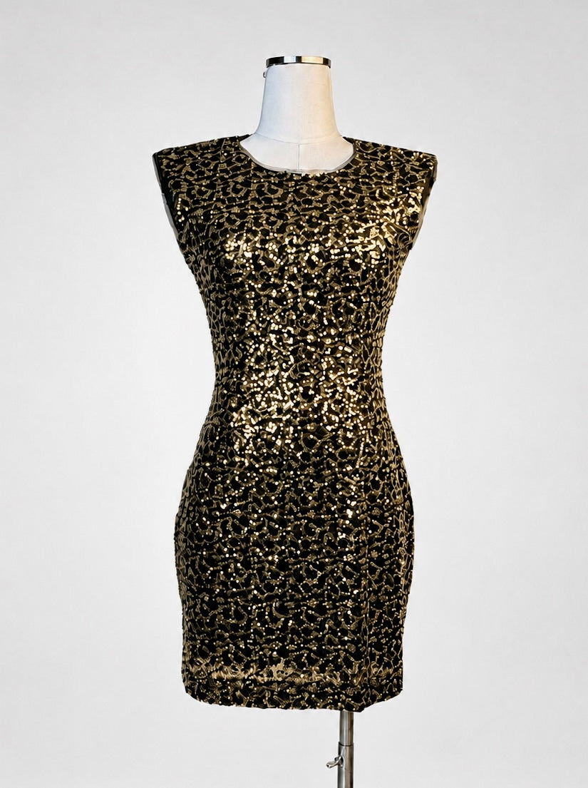 B. DARLIN Black Gold Leopard-Inspired Sequin Cocktail Dress – 5/6 Petite Fit