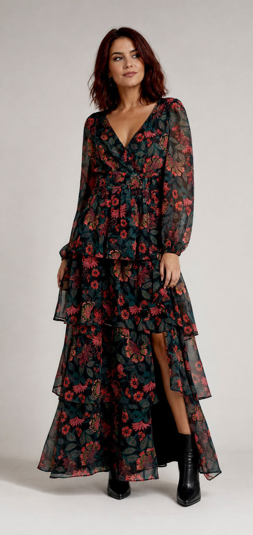 Sugarlips Briala Black Teal Red Floral Organza Maxi Dress Women's Medium