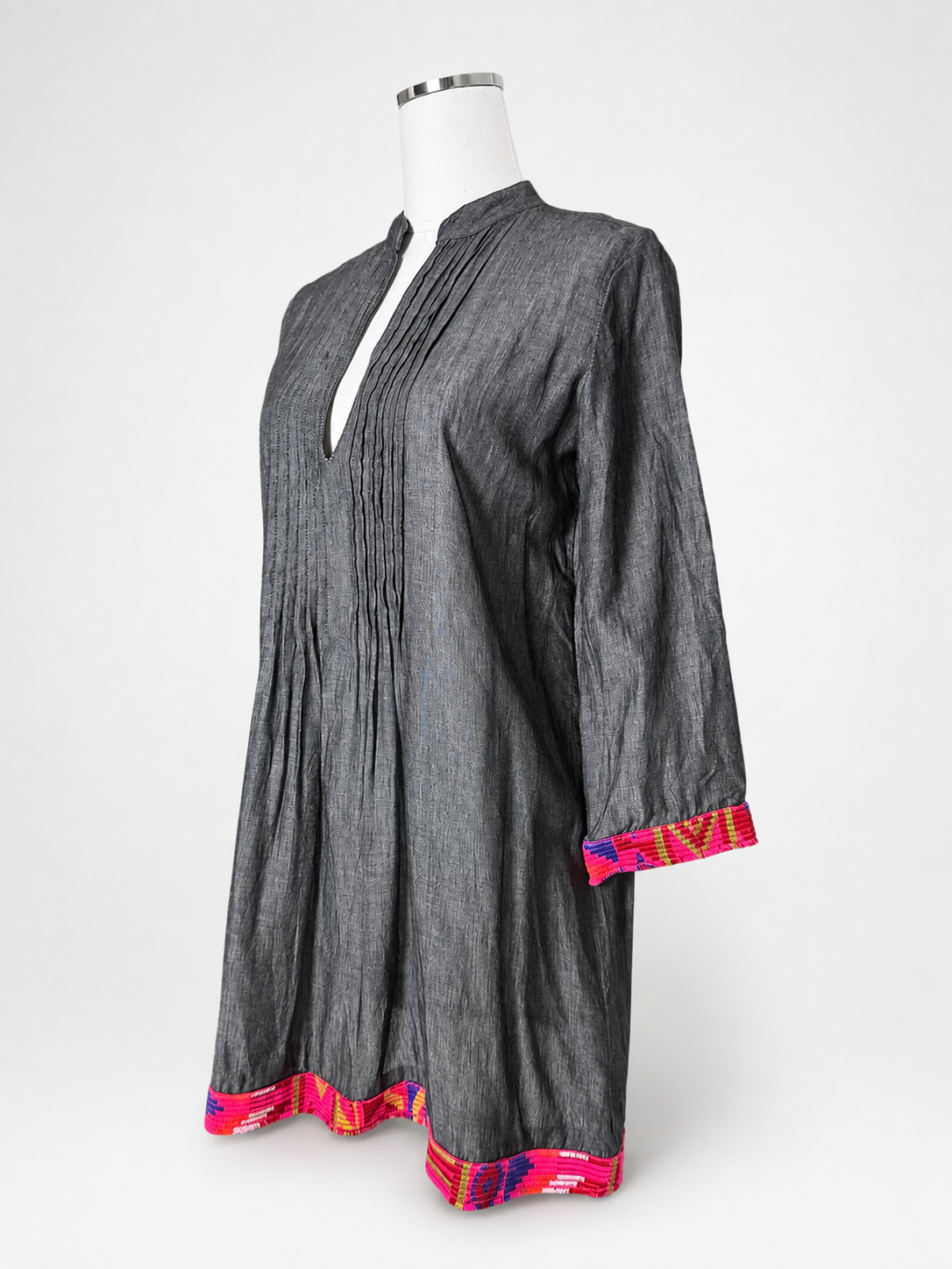 Women's VELZERA Charcoal Boho Pintuck Tunic with Colorful Embroidered Trim – Small