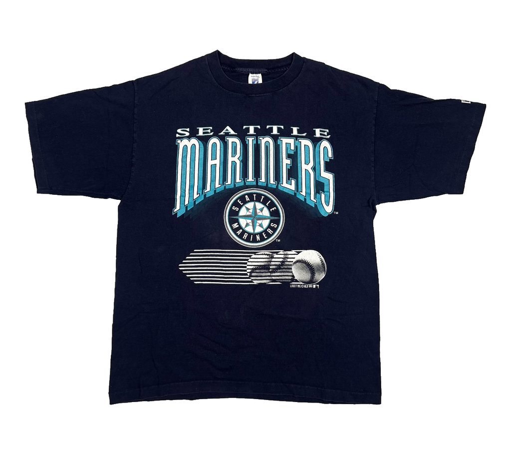 Front view of navy Logo 7 men's Seattle Mariners vintage graphic T-shirt made in USA