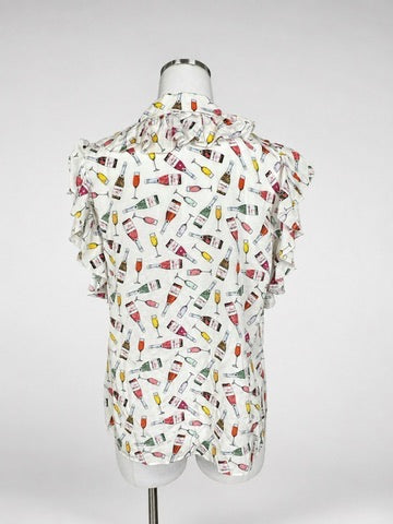 Alice + Olivia Stacey Bendet 100% Silk Champagne Print Ruffle Sleeve Women's Blouse M NWT