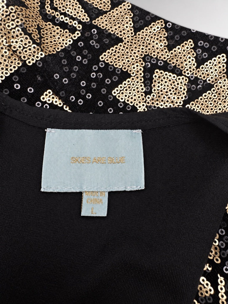 Skies Are Blue Black Gold Sequin Mini Dress Women's L Petite