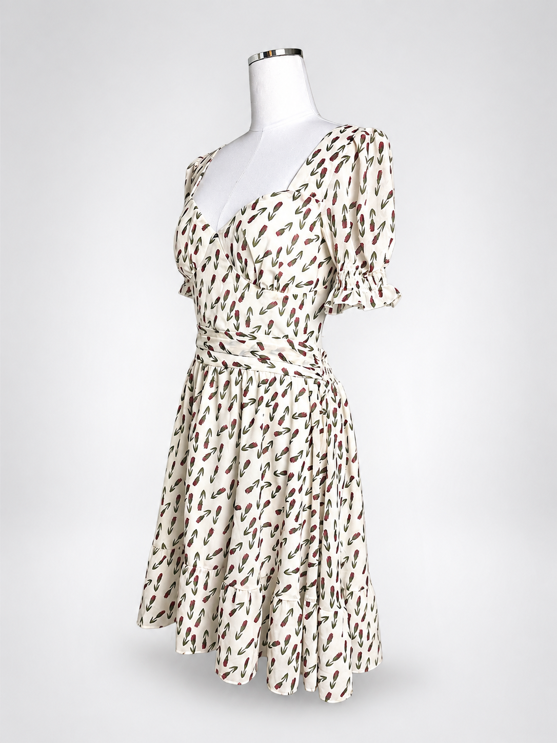 Women's BGIYNS Ivory Red Floral Off-Shoulder Puff-Sleeve Open-Back Dress
