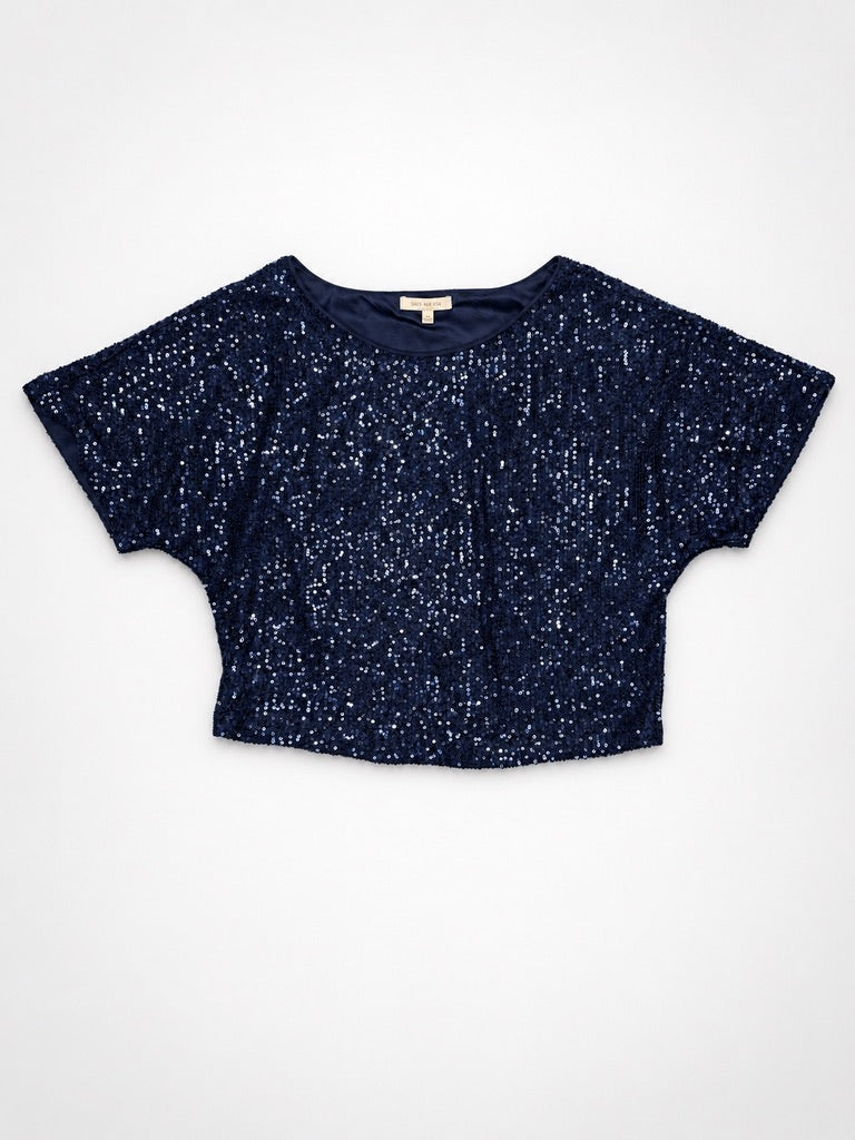 Skies Are Blue navy sequin crop top laid flat front view