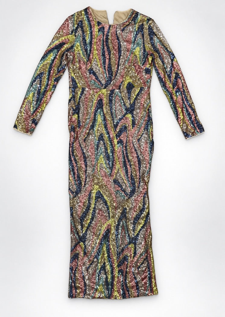 AQUA x Salvatore Rizza multicolor sequin swirl maxi dress laid flat front view