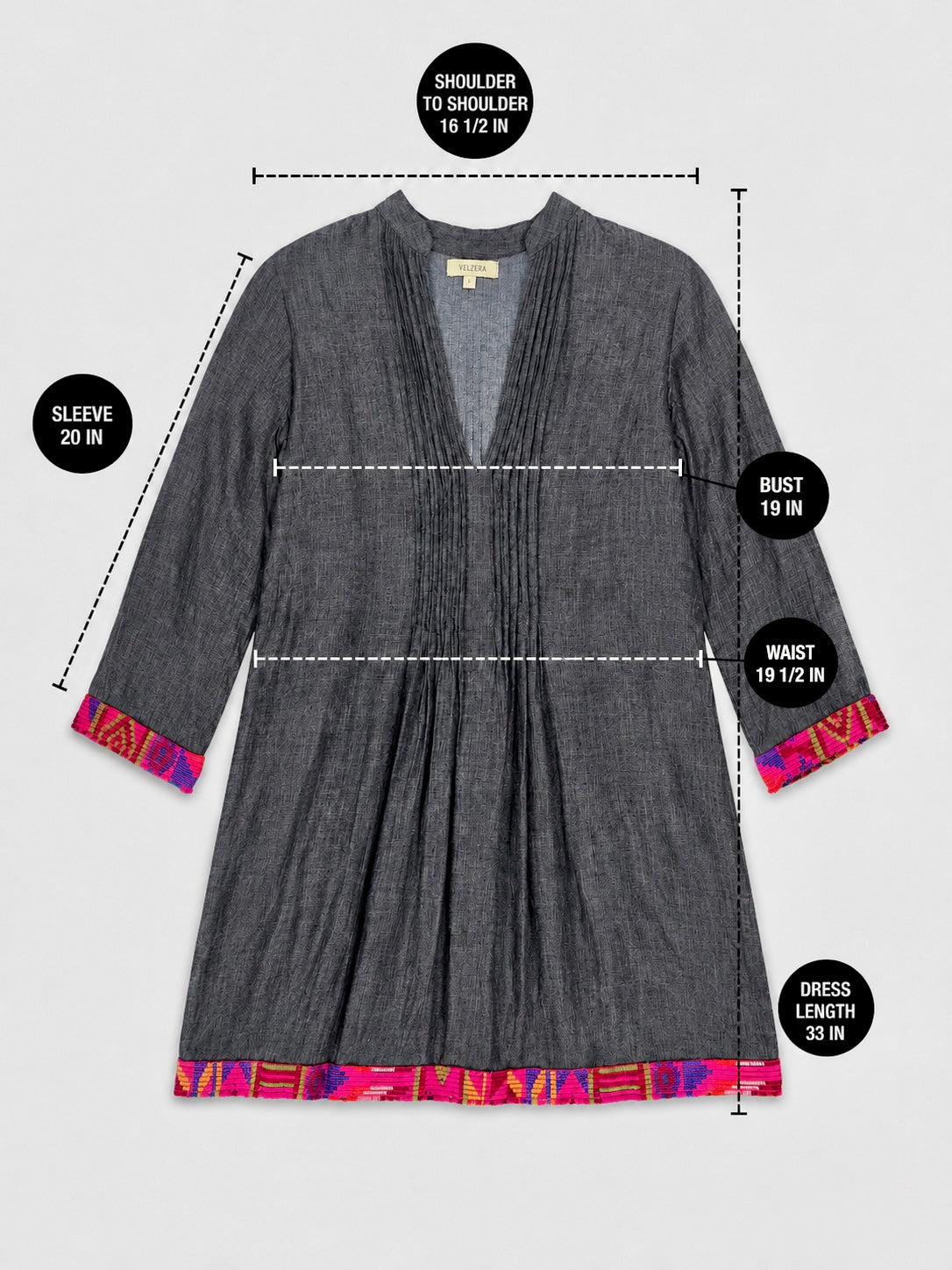 Women's VELZERA Charcoal Boho Pintuck Tunic with Colorful Embroidered Trim – Small