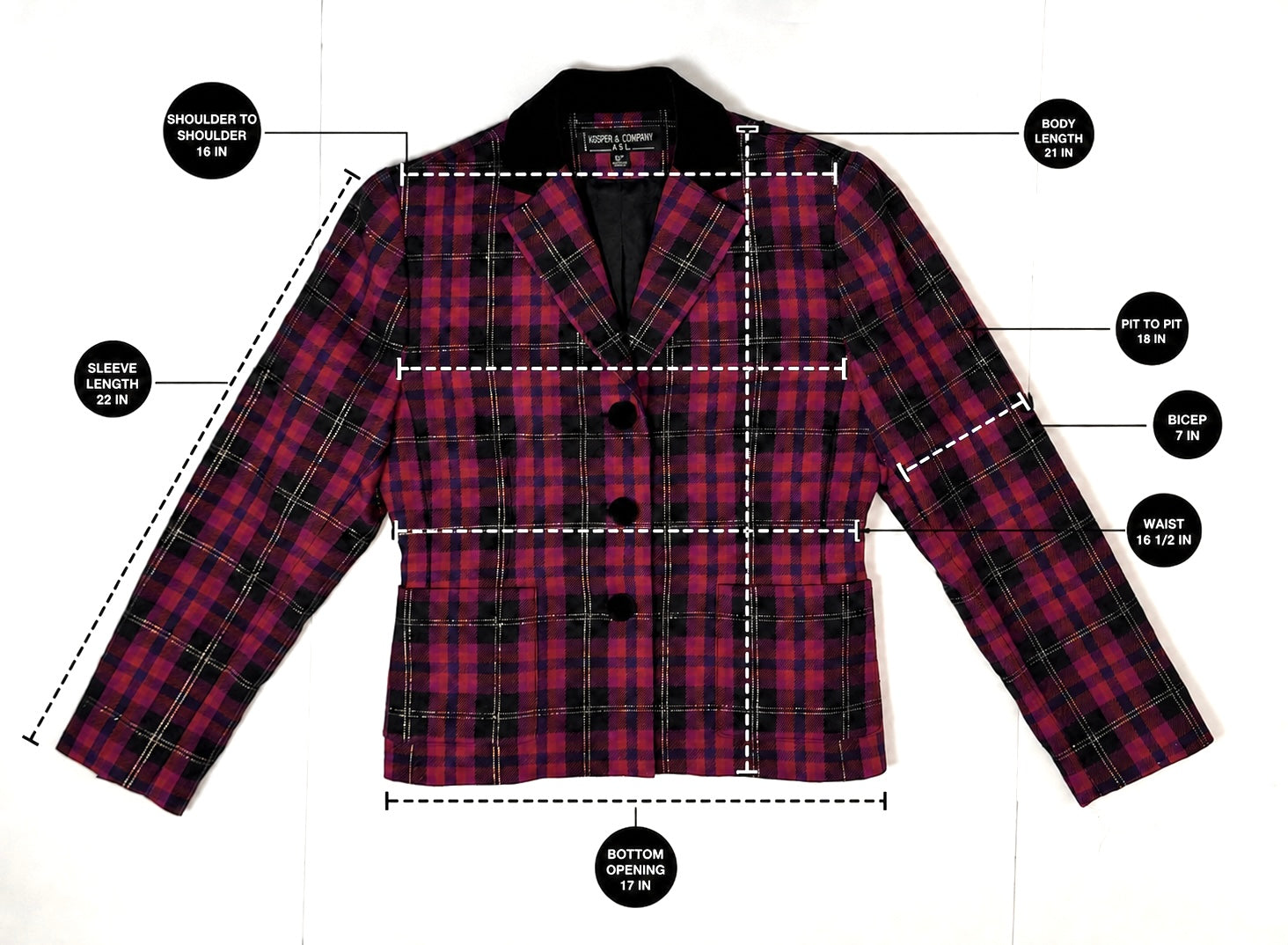 Women's Vintage Kasper ASL Plaid Velvet Collar Blazer 6P 90s / Y2K Petite