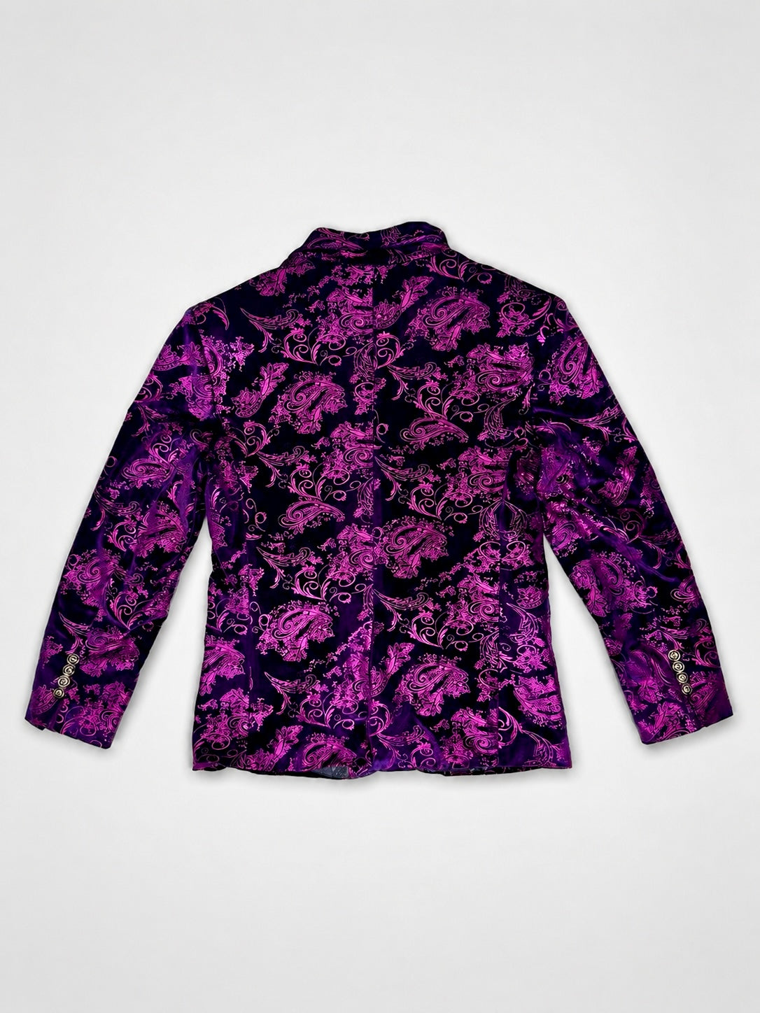 Mage Male purple and pink paisley blazer angled view showing notched lapels
