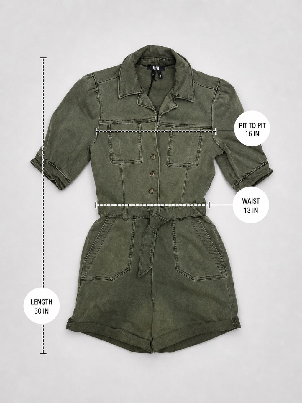 PAIGE olive denim romper fabric and care label