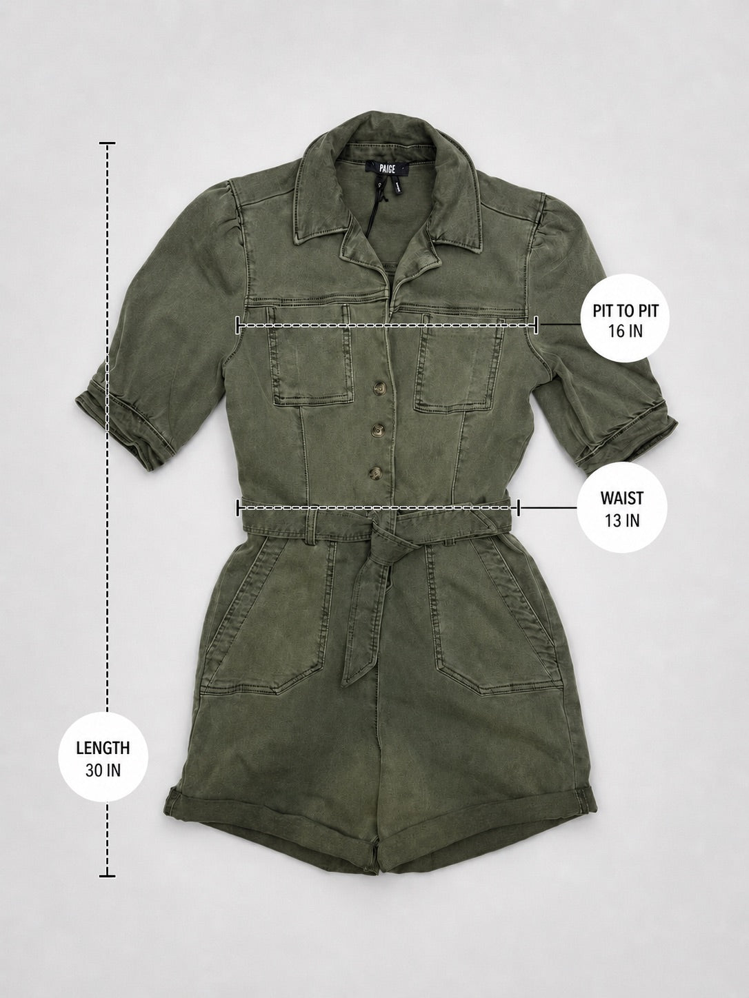 PAIGE olive denim romper fabric and care label