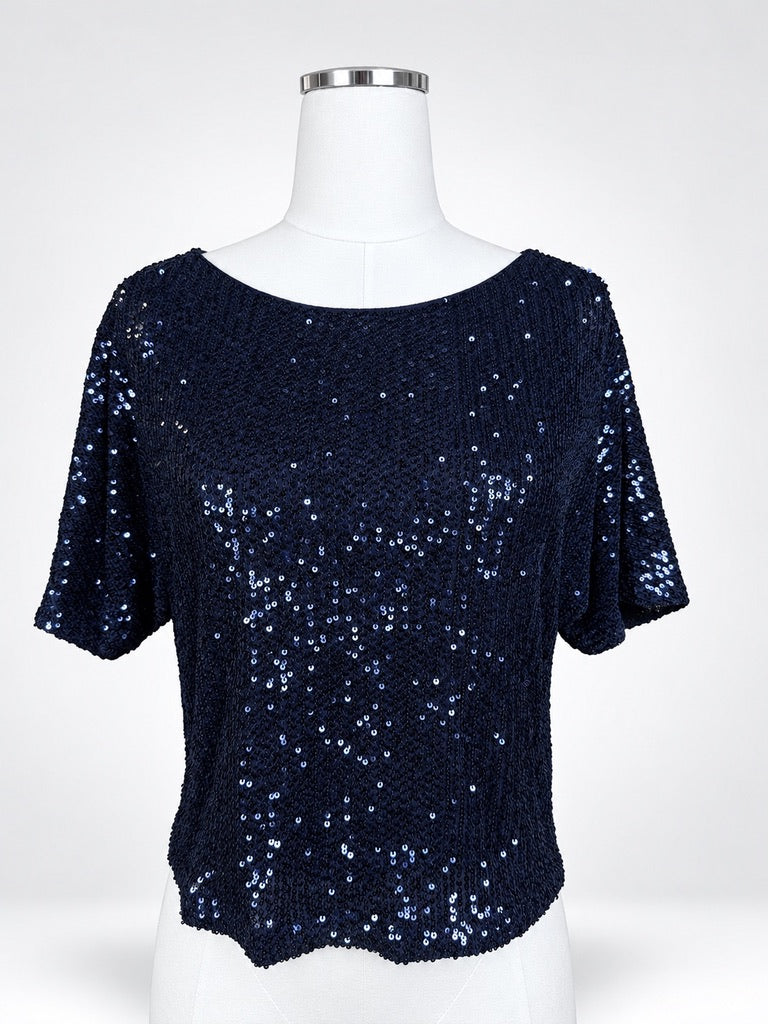 Skies Are Blue navy sequin crop top mannequin front view