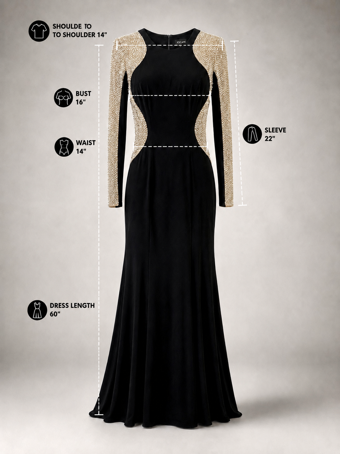Women's Xscape Size 4 Black Rhinestone Illusion Long-Sleeve Formal Gown
