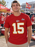 AI-generated styling view of red Nike Mahomes 15 Chiefs Super Bowl LVII T-shirt
