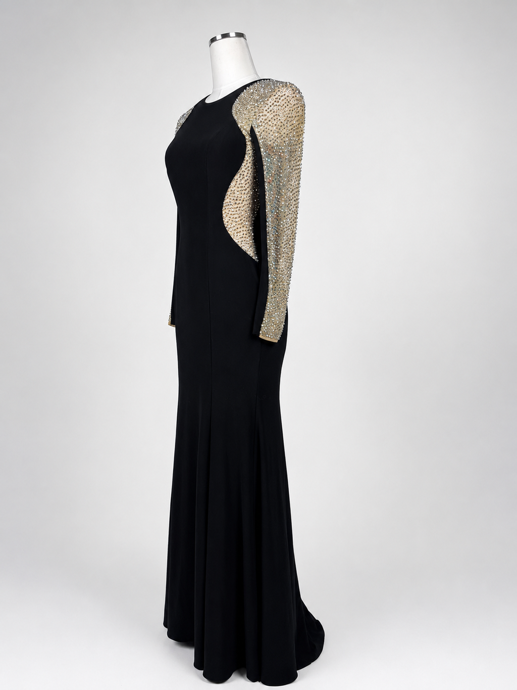 Women's Xscape Size 4 Black Rhinestone Illusion Long-Sleeve Formal Gown