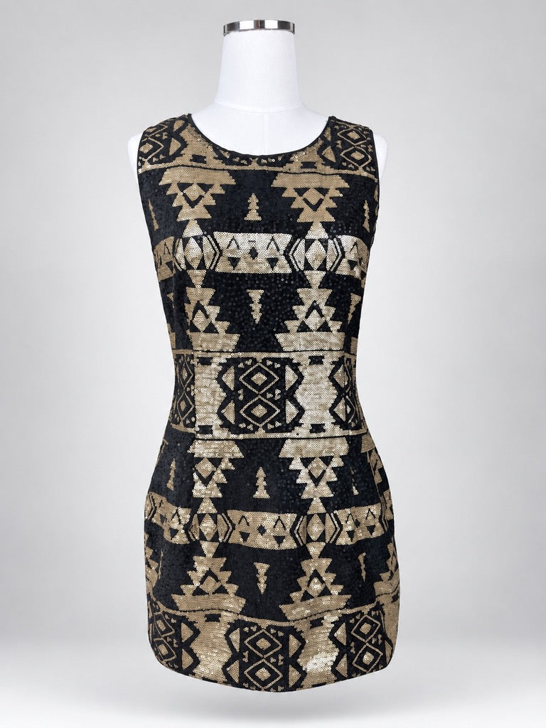 Skies Are Blue Black Gold Sequin Mini Dress Women's L Petite
