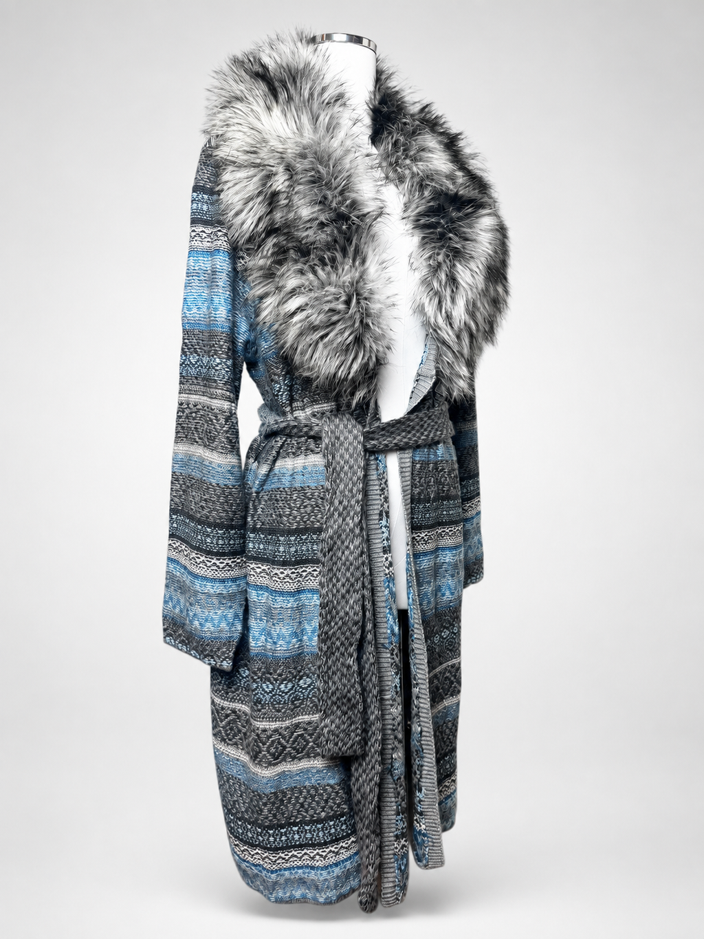 Chico's Blue Fair Isle Faux Fur Belted Sweater Coat Size 3 NWT