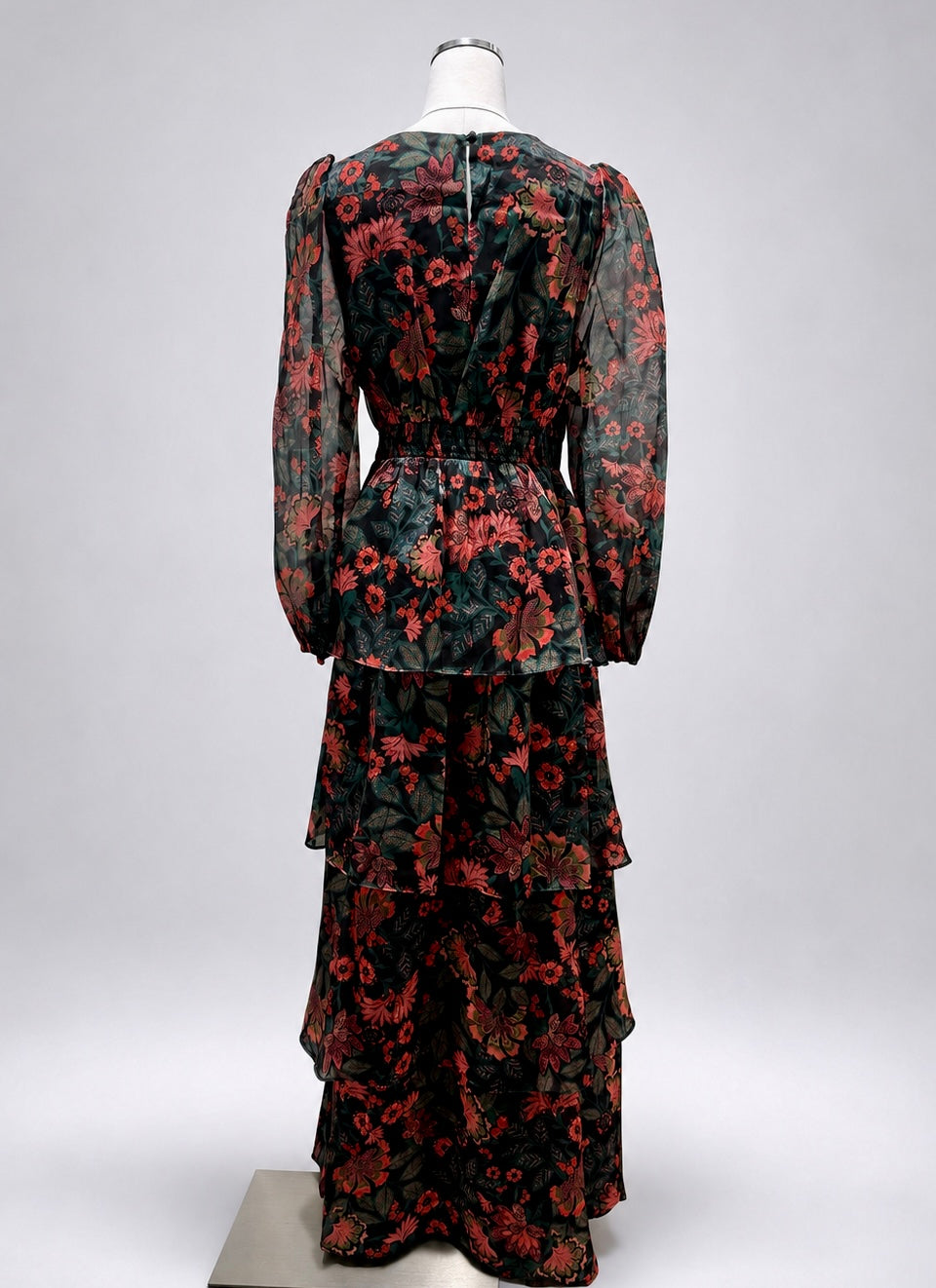 Sugarlips Briala Black Teal Red Floral Organza Maxi Dress Women's Medium