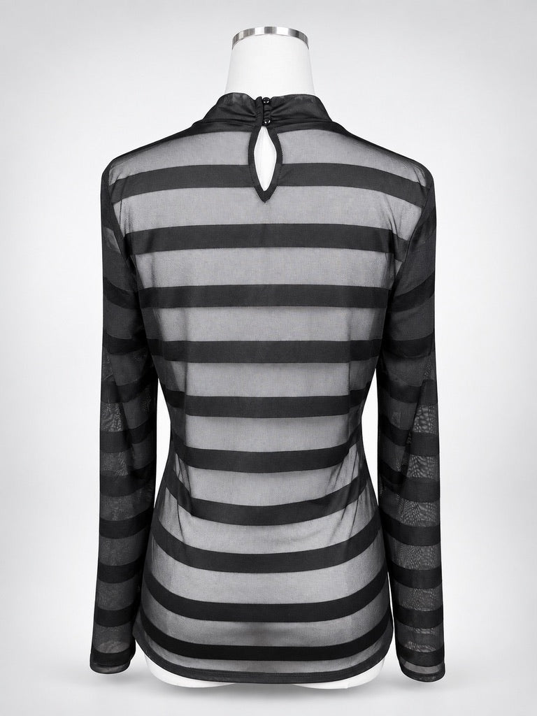 VENUS black sheer striped mesh mock-neck top mannequin back view