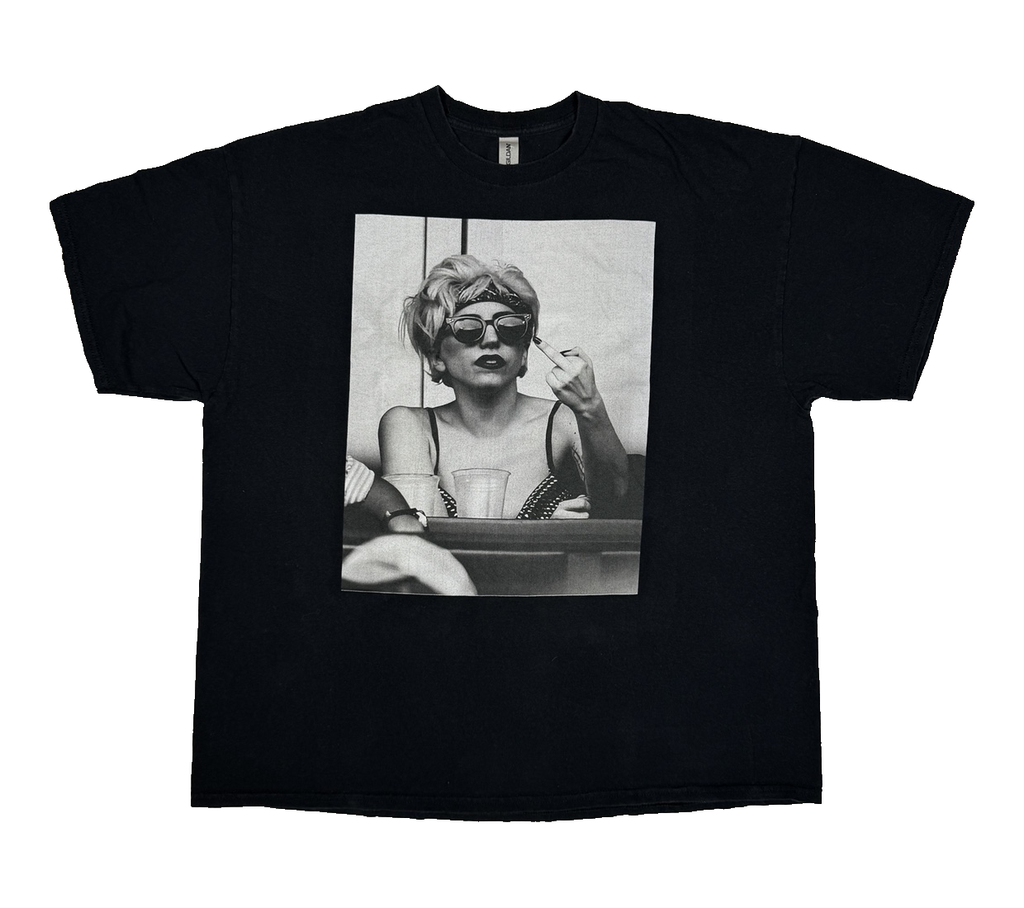 Front view of black Gildan unisex Lady Gaga photo graphic T-shirt in XXL