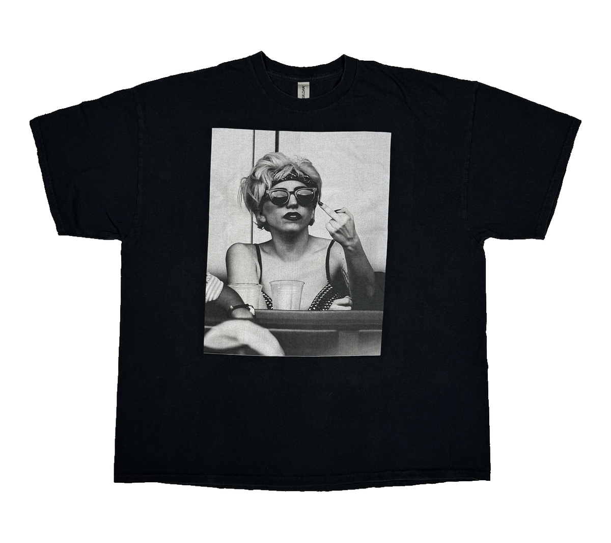 Front view of black Gildan unisex Lady Gaga photo graphic T-shirt in XXL