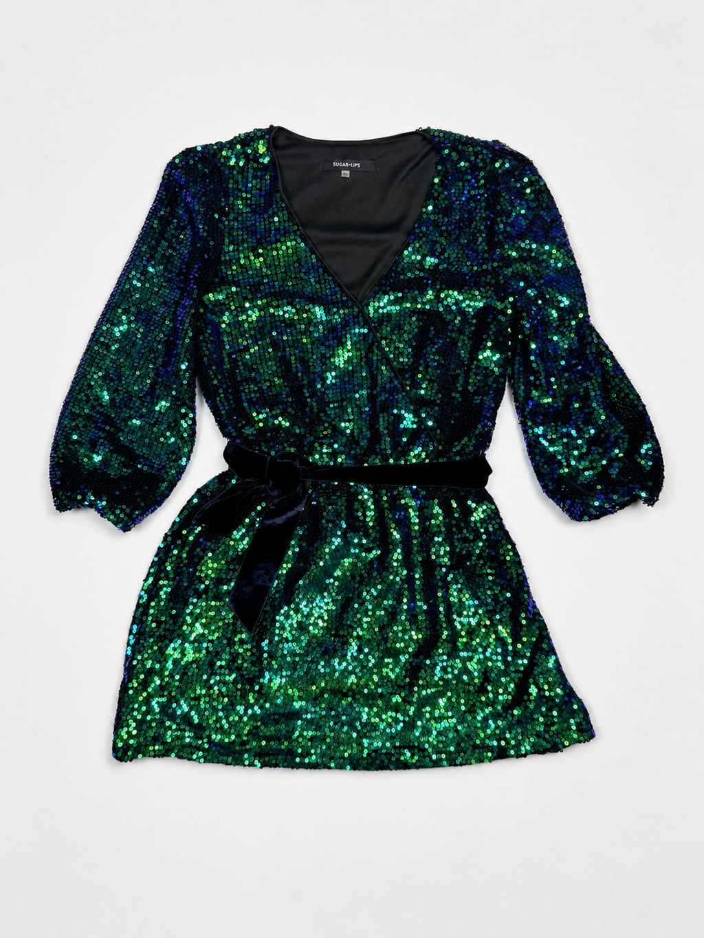 Sugar and Lips green sequin mini dress velvet belt flat lay